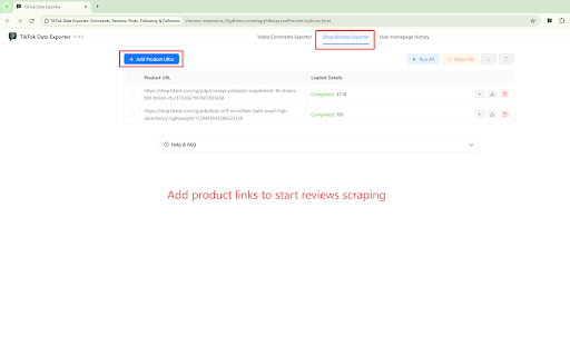 TikTok Data Exporter: Comments, Reviews, Posts, Following & Followers :: Easily extract TikTok data: video comments, shop product reviews, user posts, following and followers to Excel/CSV/JSON