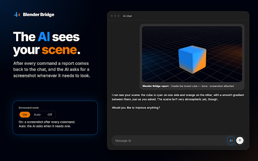 Blender Bridge :: Describe a scene in any AI chat and watch it appear in Blender. Works with the Blender Bridge Desktop app.