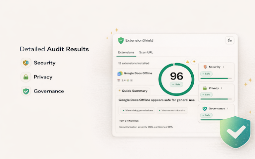 Extension Shield :: Free security check for installed Chrome extensions: risky permissions, privacy signals, and a simple score. No account required.
