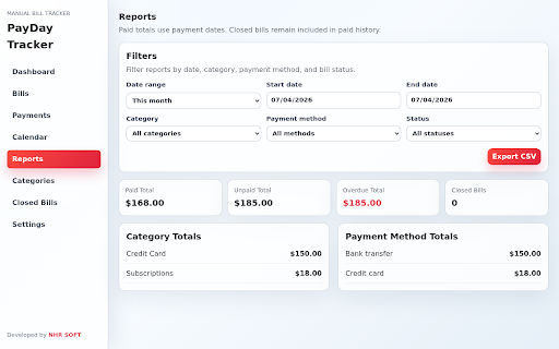 PayDay Tracker :: Track bills, payments, paid totals, overdue bills, and closed paid bills.