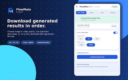 Flow Mate By Saqlain :: Batch-automate image and video prompts in Google Flow and download results.