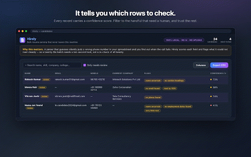 Hirely — bulk resume parser :: Drop up to 20 resumes, get a searchable candidate table you can export to CSV. Runs entirely on your machine. No AI, no upload.
