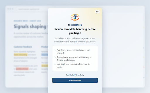 PhraseBeacon — Keyword Highlighter :: Highlight keywords on webpages with custom colors, multiple lists, CSV import, match counts, and navigation—all processed locally.