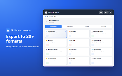 Mobile proxy manager :: Mobile and residential proxies in one click: switch, rotate IP, health-check, export to antidetect browsers, cloud backup.