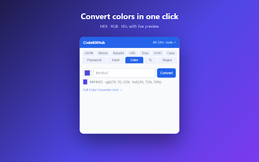CodeKitHub – JSON, Base64 & Dev Tools :: JSON formatter, Base64 encoder, UUID/hash generator, regex tester & more — 12 free dev tools in one popup. 100% local, no sign-up.