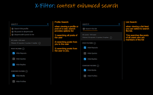 X-Filter :: Filter your X.com (Twitter) feed. Customize navigation. Filter posts and media content. Analyze profile performance metrics.