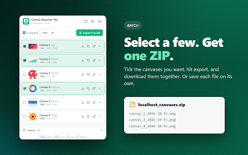 Canvas Exporter Pro :: Export any canvas on any page as PNG, JPEG, WebP, SVG or true BMP. Scale up, batch to ZIP, copy to clipboard.
