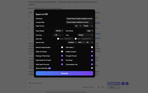 Claude Chat Export — Save to PDF, MD & More :: Export Claude chats to PDF, Markdown, Text, CSV... Free and fully customizable. Supports code, math & artifacts.