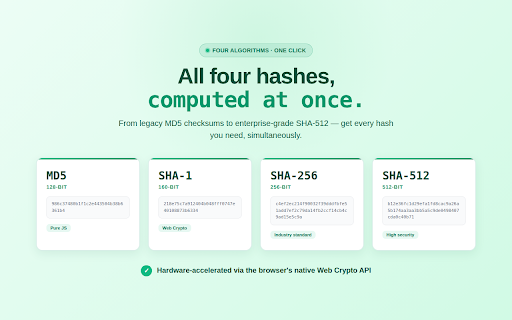HashLab — Hash Calculator :: Calculate MD5, SHA-1, SHA-256, SHA-512 hashes instantly. 100% local — no data collected, no servers.
