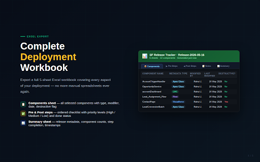 SF Release Tracker :: Lightweight Salesforce Deployment Manager - Track modified components, generate package.xml, export deployment sheets.