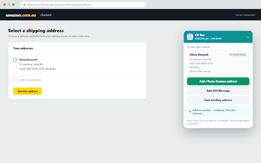 CP Bot by Automation Alchemists :: Copy eBay AU buyer addresses into Amazon AU checkout/address forms. Manual place-order only.
