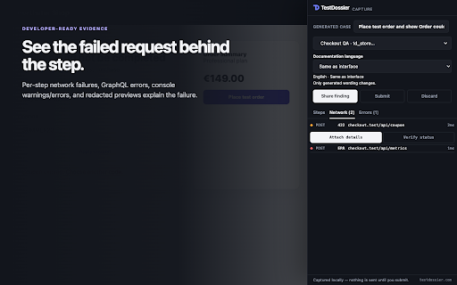 TestDossier — capture browser tests :: Record a browser journey and get a complete, review-ready test case with evidence in TestDossier.