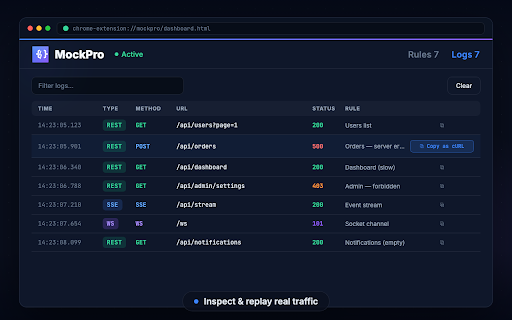MockPro - API & Stream Mocker :: Professional API mocking for REST, SSE, and WebSocket. Intercept, mock, and debug network requests with ease.