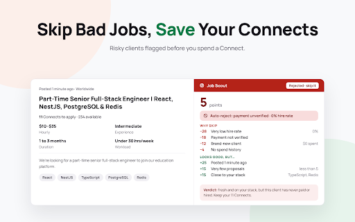 Upwork Job Scout – Job Scores, Bad Client Alerts & Telegram Notifications :: Score every Upwork job before you click, flag risky clients in real time, and get Telegram alerts for top jobs within minutes.