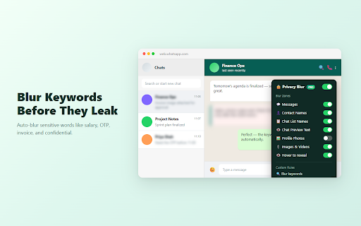 Privacy Blur for WhatsApp Web — Hide Chats & Messages :: Hide & blur WhatsApp Web messages, contacts & photos Screen share safely. Hover to peek.