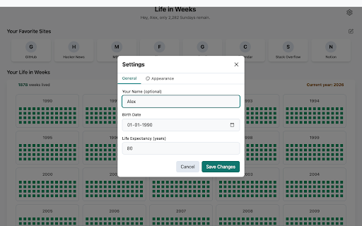 Remaining Weeks :: A chrome extension to show remaining weeks in your life