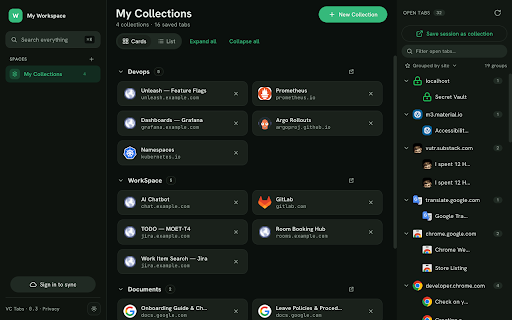 VC Tabs — Tab Manager :: Save, organize, and restore your open tabs into Spaces and Collections — clear the clutter, with optional cross-device sync.