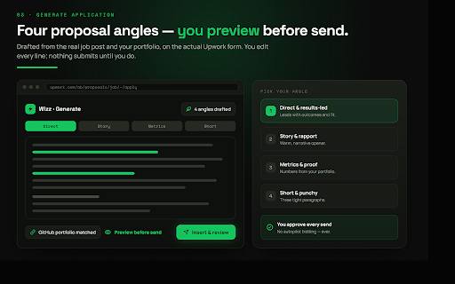 Upwork Wizz :: Qualify Upwork jobs before you spend Connects. Client scoring, job shortlists, proposal drafts—you preview every send.