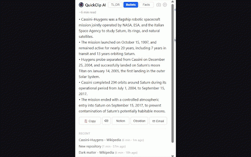 QuickClip AI :: One-click AI summaries of any page. Works with Ollama (free, local) or any cloud provider using your encrypted API key.