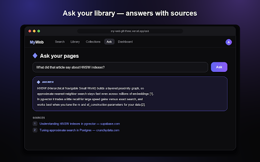 MyWeb — Save to your personal internet :: Save any page to your personal, searchable library. Sweep windows of tabs into sessions and park distractions for later.