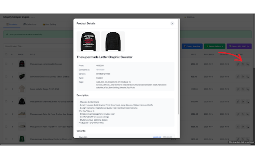 Shopify Scraper Engine :: Export Shopify products, collections & best sellers to CSV/Excel. Free: 100 products. PRO: Unlimited for $3.99/month!