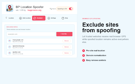 BP Location Spoofer :: Spoof GPS location in Chrome, set custom coordinates, save city presets, and exclude sites that need real location.