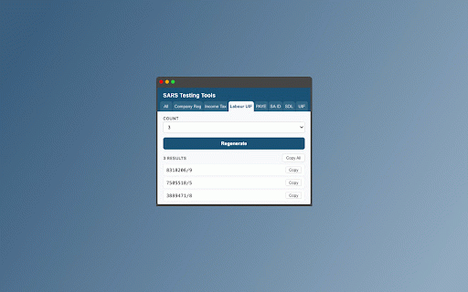 SARS Testing Tools :: Generate valid South African tax reference numbers for testing — SA ID, Income Tax, Company Reg, PAYE, UIF, SDL.