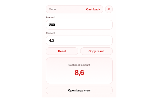Percentage Cashback Calculator :: Quick cashback and percentage calculations with a compact popup, large view, and simple settings.