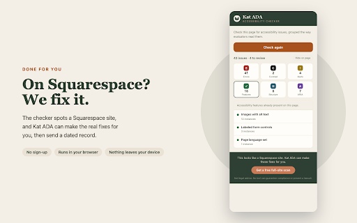 Squarespace Accessibility Checker: WCAG & ADA by Kat ADA :: Free accessibility checker for Squarespace and any web page. Find WCAG and ADA issues: alt text, color contrast, form labels.