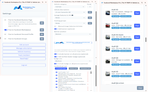 Facebook Marketplace Pro | The 1# FBMP AI Vehicle Lister & Stock Manager :: Post to FB Marketplace, Groups & Pages. Track listings, sales & prices. Sell 20–40% more monthly. 30-Day Free Trial. £57/mo.