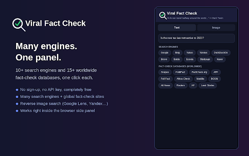 Viral Fact Check :: Verify claims across search engines & fact-check sites, plus reverse image search with Google Lens — in the side panel.