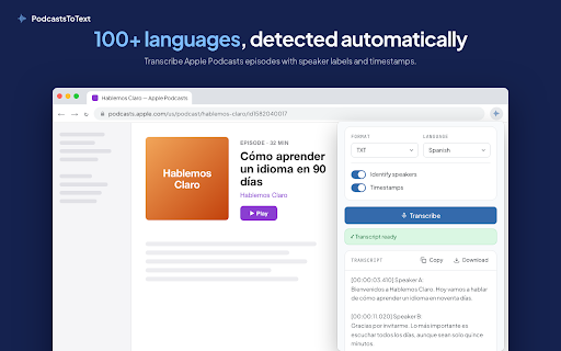 PodcastsToText :: Transcribe Spotify, Apple Podcasts, YouTube and TikTok to text with one click