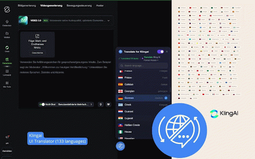 Kling AI: interface translator — English and 133 languages :: Translate Kling AI interface into 133 languages. Google Translate API. Not affiliated with Kling AI.