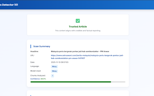 Fake News Detector 101 :: AI-powered browser extension that detects misleading or false news on any webpage in real time.