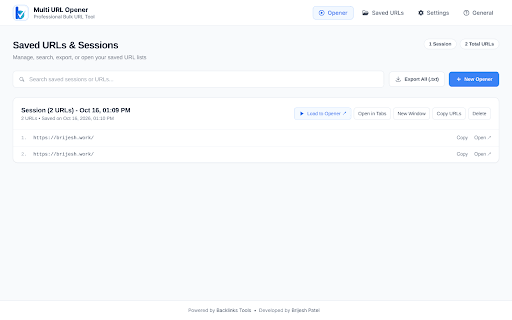 Bulk & Multi URL Opener - BacklinksTools :: Bulk open multiple URLs & links with smart delay (fixed, random, incremental), 1-click link extractor, domain grouping & sync.
