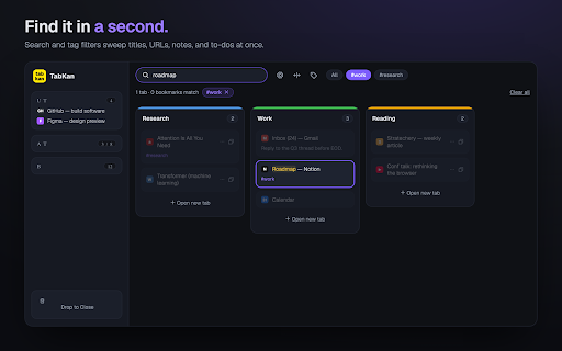 TabKan :: Organize your Chrome tabs and tab groups as a visual Kanban board - with notes, tags, to-dos, saved sessions, and a side panel.