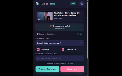 TubeNotes - YouTube Summaries :: AI-powered YouTube summaries saved to Notion, Capacities, Readwise & more. 10 free/month.