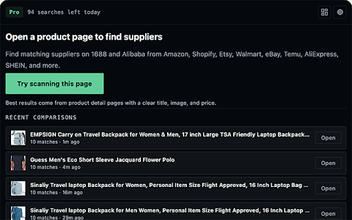 Find Suppliers - Sourcing & Supplier Intelligence :: Find suppliers on 1688 and Alibaba from supported product pages. Compare matches, pricing, MOQ, and sourcing signals.