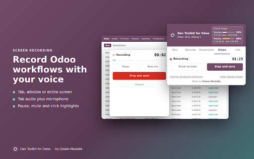 Dev Toolkit for Odoo :: Odoo developer toolkit: debug switcher, field inspector, domain builder, record compare, barcodes, screenshots, recording.