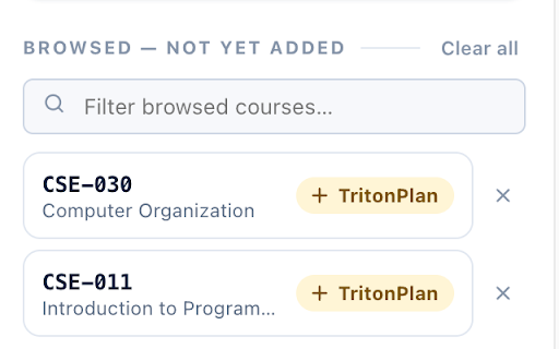 TritonPlan :: Passively visualize UCSD Triton Student System (TSS) courses you browse on a calendar planner. Read-only: no extra server traffic.