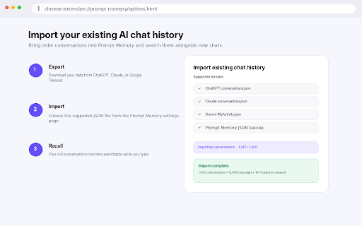 Prompt Memory :: Recall complete ChatGPT, Gemini, and Claude conversations while you type—stored locally and shown above the chat box.