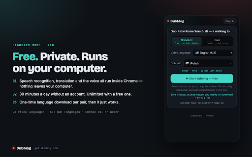 DubMog — Live Video Translator & Dubbing :: Dub any video into your language as it plays. Free Standard mode on your computer, Pro Live for a real voice in 80+ languages.