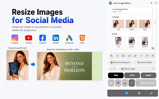 Luna Crop: Image Editor & Background Remover :: Image editor in your browser sidebar. Crop, resize, convert, remove backgrounds, move objects and restore details with local AI.