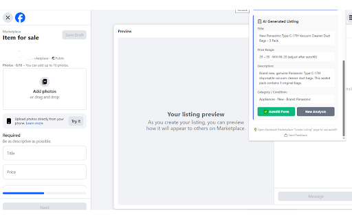 Marketplace AI Lister :: Generate Marketplace listings with AI. Upload a photo and get title, price, description, and category auto-filled in seconds.