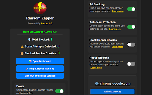 Ransom Zapper :: Blocks scam sites, ransomware threats, popups, trackers, cookies, and ads. Includes a dark theme mode