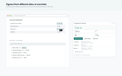 Sum Up — Select Numbers to Add Them :: Sum, average and count for any numbers you select. Collect prices across pages, then export the formula to Excel.