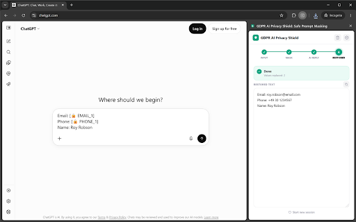 ChatDataMask: Data Leak Prevention for ChatGPT & Claude (GDPR) :: Local PII masking via tokenization: redact client names, contracts & financial details before ChatGPT or Claude see them