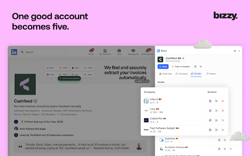 Bizzy :: Sales context where you work — companies, contacts, lists, all in a side panel.