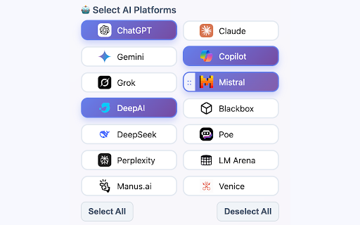 Prompt-o-Matic: Multi-AI Prompt Distributor :: Write once, distribute everywhere. Send your prompts to multiple AI platforms instantly with a beautiful, modern interface.