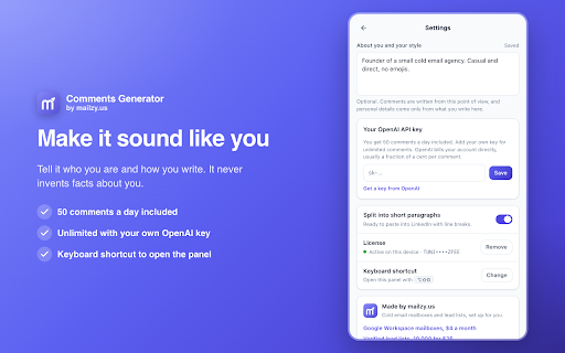 Comments Generator :: Write LinkedIn comments that sound human, in seconds, right from Chrome's side panel. By mailzy.us.